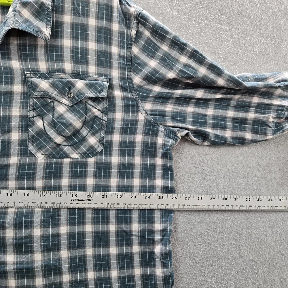 True‎ Religion Men Button Up Shirt 3XL/3TG Green Plaid Western Flap Pockets